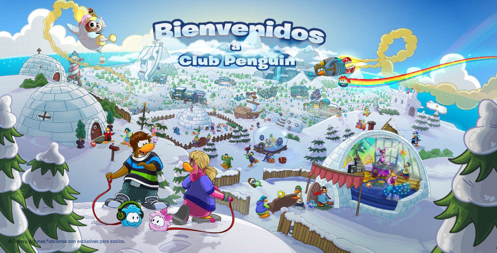Vista de la isla con iglús, pingüinos y puffles